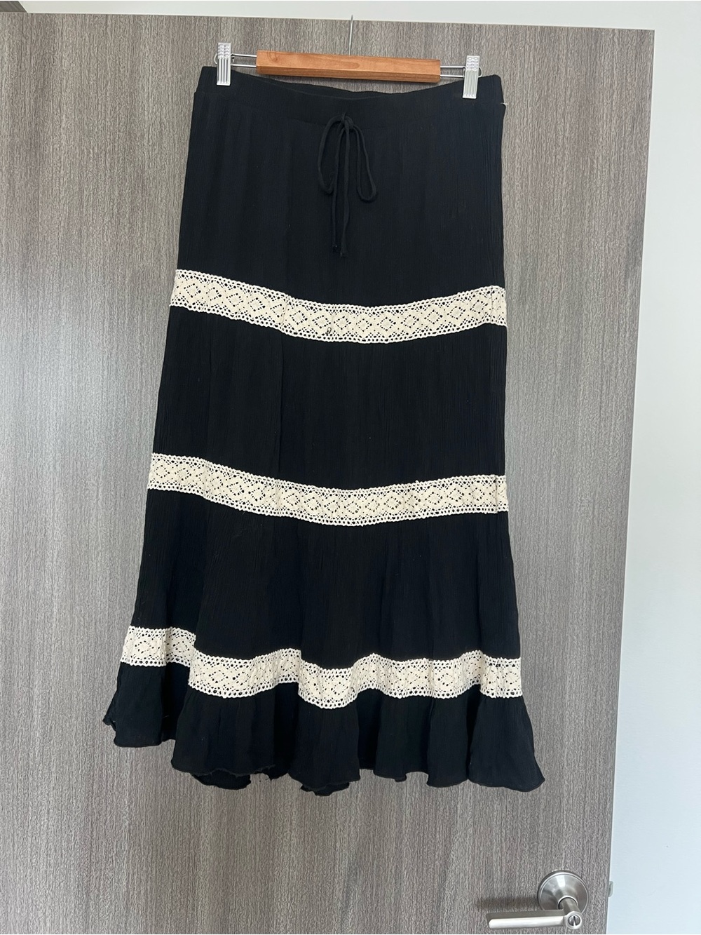 Black Maxi Skirt with Cream Lace Trim